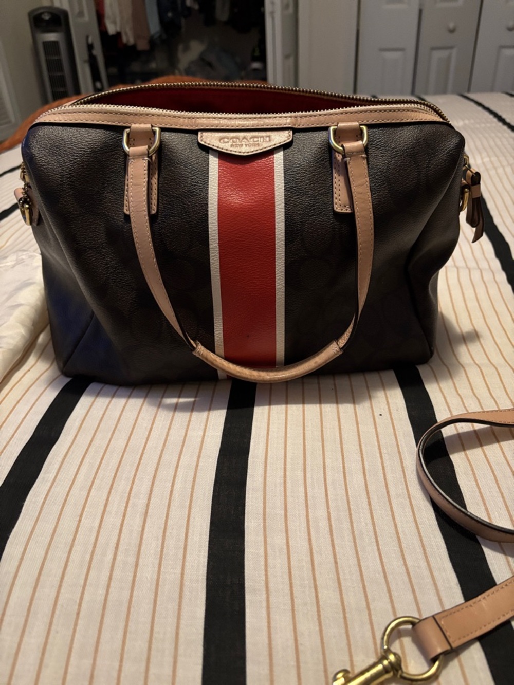 Coach Brown Signature Duffel with Red Stripe and Tan Trim
